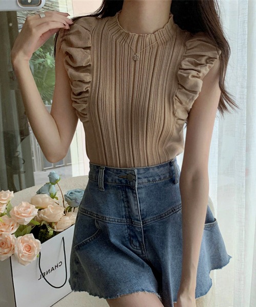 WESTSEA（ウエストシー）の「フレンチスリーブ ショート丈 リブトップス（タンクトップ・レディース・ブラック/ブラウン/オフホワイト・FREE）」の4枚目の写真