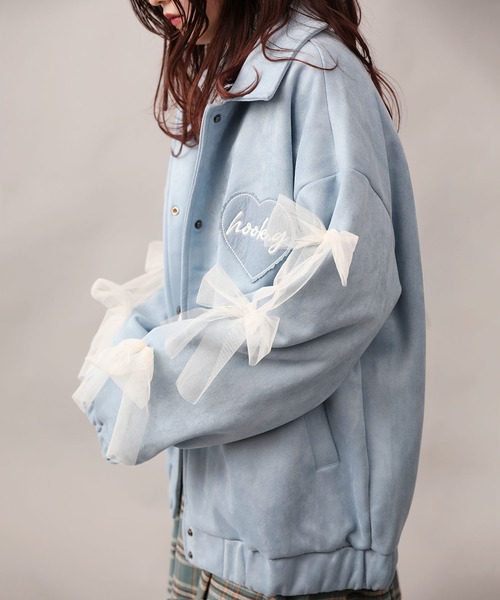 HOOK】for girls チェリー刺繍チュールリボン付きスエード風コーチ