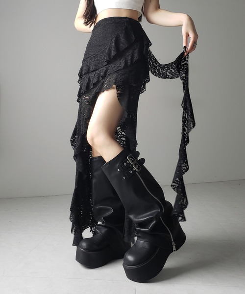 me+em select(ミームセレクト)の「※※【 2color /裏地付 】アシンメトリーフリルレーススリットロングスカート / asymmetry frill lace slit long skirt(スカート・レディース・ブラック/ホワイト・FREE)」の18枚目の写真