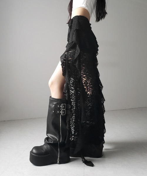 me+em select(ミームセレクト)の「※※【 2color /裏地付 】アシンメトリーフリルレーススリットロングスカート / asymmetry frill lace slit long skirt(スカート・レディース・ブラック/ホワイト・FREE)」の19枚目の写真