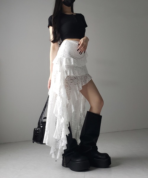 me+em select(ミームセレクト)の「※※【 2color /裏地付 】アシンメトリーフリルレーススリットロングスカート / asymmetry frill lace slit long skirt(スカート・レディース・ブラック/ホワイト・FREE)」の9枚目の写真