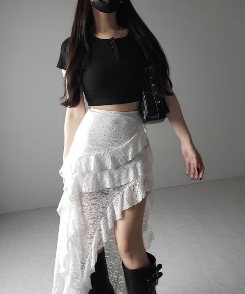 me+em select(ミームセレクト)の「※※【 2color /裏地付 】アシンメトリーフリルレーススリットロングスカート / asymmetry frill lace slit long skirt(スカート・レディース・ブラック/ホワイト・FREE)」の12枚目の写真