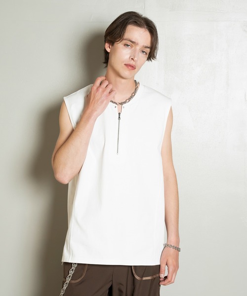 Side Slit Zip No-sleeve T-shirts/ジップノースリーブTシャツ/洗える