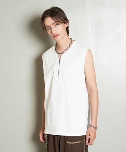 Forte(フォルテ)(フォルテ)の「Side Slit Zip No-sleeve T-shirts/ジップノースリーブTシャツ/洗える(Tシャツ/カットソー・メンズ・ホワイト/ブラック/カーキ・MEDIUM/LARGE)」の11枚目の写真
