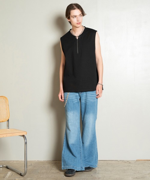 Forte(フォルテ)(フォルテ)の「Side Slit Zip No-sleeve T-shirts/ジップノースリーブTシャツ/洗える(Tシャツ/カットソー・メンズ・ホワイト/ブラック/カーキ・MEDIUM/LARGE)」の7枚目の写真