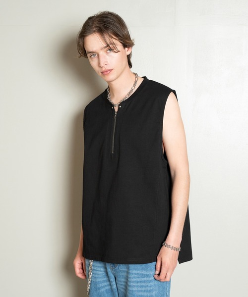 Forte(フォルテ)(フォルテ)の「Side Slit Zip No-sleeve T-shirts/ジップノースリーブTシャツ/洗える(Tシャツ/カットソー・メンズ・ホワイト/ブラック/カーキ・MEDIUM/LARGE)」の6枚目の写真