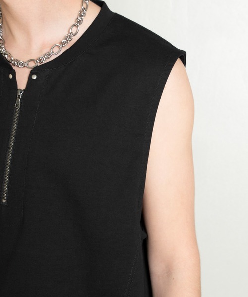 Side Slit Zip No-sleeve T-shirts/ジップノースリーブTシャツ