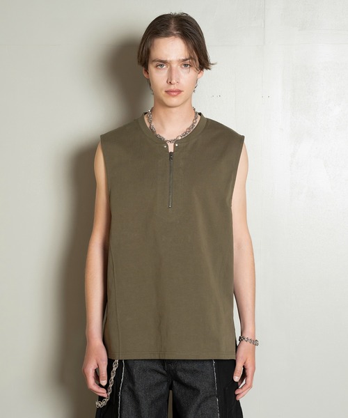 Side Slit Zip No-sleeve T-shirts/ジップノースリーブTシャツ