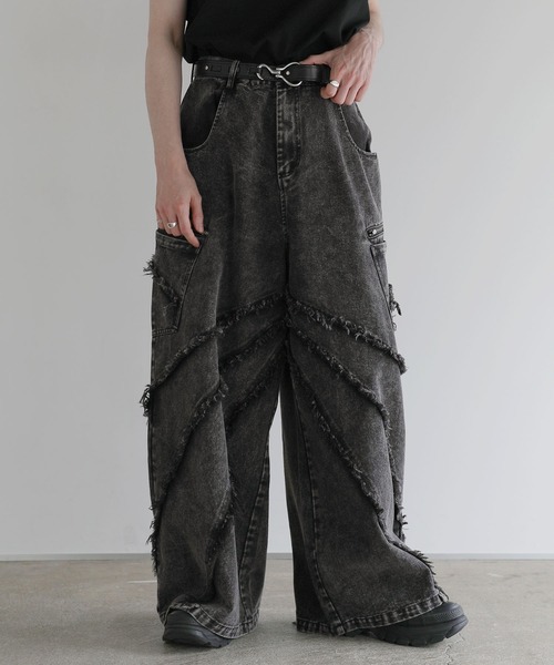 LILL(リル)の「ルーズシルエットウォッシュドフリンジジップデニム(デニムパンツ・メンズ・ブラック・S/M/L/XL)」の3枚目の写真