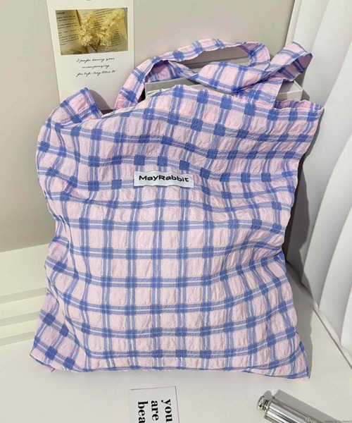 TONE SELECT GOODS（トーンセレクトグッズ）の「Liaa/くしゅくしゅ チェック トートバッグ A18629（トートバッグ・レディース・グリーン/パープル/ホワイト/ピンク・FREE）」の5枚目の写真