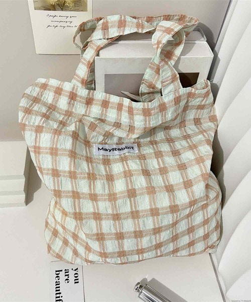 TONE SELECT GOODS（トーンセレクトグッズ）の「Liaa/くしゅくしゅ チェック トートバッグ A18629（トートバッグ・レディース・グリーン/パープル/ホワイト/ピンク・FREE）」の8枚目の写真