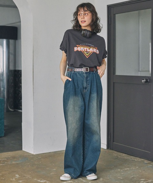 リメイク風 袖フリル グラフィックプリント 半袖Tシャツ MONO
