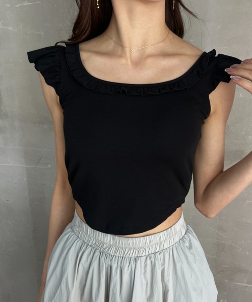 セール】カップ付き フリルスリーブ クロップドトップス（T