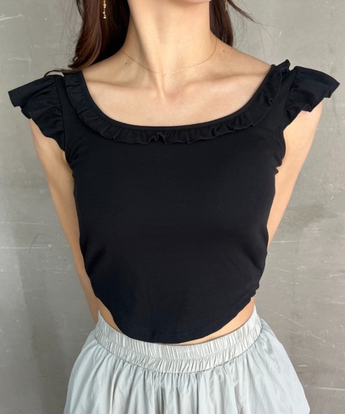 tolene(トレネ)の「カップ付き フリルスリーブ クロップドトップス(Tシャツ/カットソー・レディース・ブラック/ホワイト・FREE)」の16枚目の写真