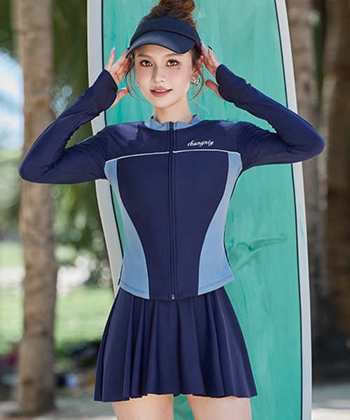 レディース水着 長袖ロゴラッシュガード+スポーツワンピ風