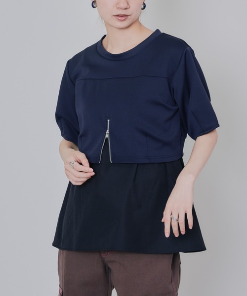 DOLLUPOOPS(ドールアップウップス)の「フロントファスナーシャツレイヤードライクトップス(シャツ/ブラウス・レディース・ダークネイビー/レッド・38)」の2枚目の写真