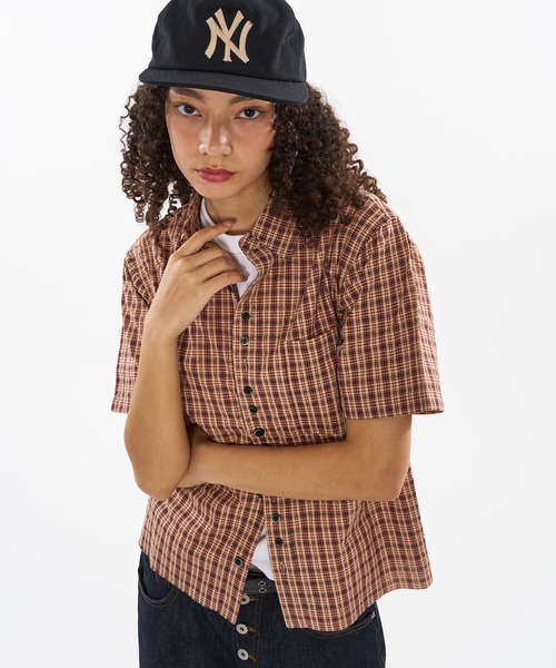 ROBINSON 短丈 チェックシャツ　シアサッカー ボックスシルエット FAKE BOTTON SEERSUCKER SHORT SHIRT/ フェイクボタンシア
