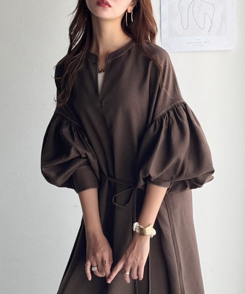 ＆ellecy8thワンピース セール】ぽわんとあざとく。ウエストリボン使い配色ステッチキーネック