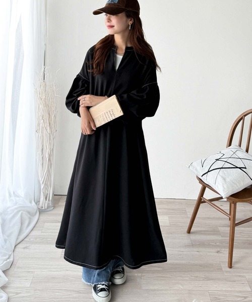 セール】ぽわんとあざとく。ウエストリボン使い配色ステッチキーネック