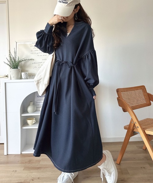 classicalelf(クラシカルエルフ)の「ぽわんとあざとく。ウエストリボン使い配色ステッチキーネックワンピース(長袖)(ワンピース・レディース・ネイビー/ベージュ/ブラウン/ブラック・MEDIUM/LARGE/X-LARGE/SMALL)」の17枚目の写真
