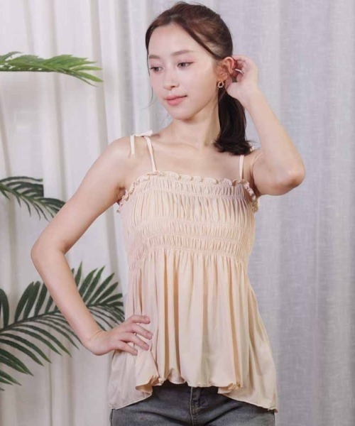 shoppinggo（ショッピングゴー）の「キャミソール 肩紐 リボントップス フリル タンクトップ（キャミソール・レディース・ブラック/アイボリー/ピンク/ベージュ・FREE）」の5枚目の写真