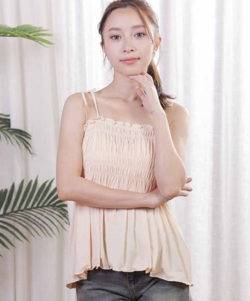 shoppinggo（ショッピングゴー）の「キャミソール 肩紐 リボントップス フリル タンクトップ（キャミソール・レディース・ブラック/アイボリー/ピンク/ベージュ・FREE）」の18枚目の写真