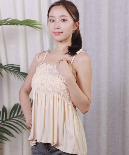 shoppinggo（ショッピングゴー）の「キャミソール 肩紐 リボントップス フリル タンクトップ（キャミソール・レディース・ブラック/アイボリー/ピンク/ベージュ・FREE）」の15枚目の写真