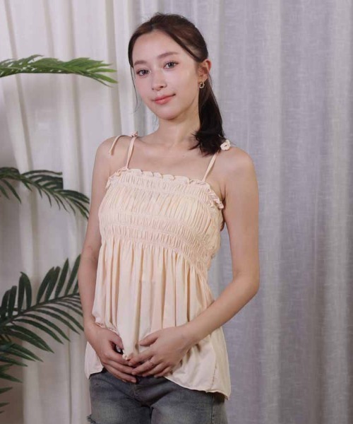shoppinggo（ショッピングゴー）の「キャミソール 肩紐 リボントップス フリル タンクトップ（キャミソール・レディース・ブラック/アイボリー/ピンク/ベージュ・FREE）」の14枚目の写真