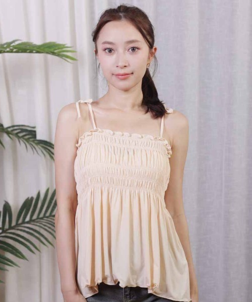 shoppinggo（ショッピングゴー）の「キャミソール 肩紐 リボントップス フリル タンクトップ（キャミソール・レディース・ブラック/アイボリー/ピンク/ベージュ・FREE）」の13枚目の写真