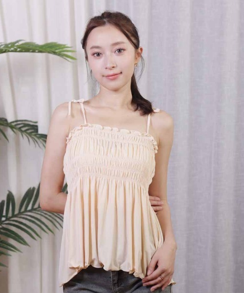 shoppinggo（ショッピングゴー）の「キャミソール 肩紐 リボントップス フリル タンクトップ（キャミソール・レディース・ブラック/アイボリー/ピンク/ベージュ・FREE）」の9枚目の写真
