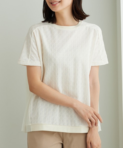 BELLUNA PLUS(ベルーナ)の「ジャカード素材チュール重ねプルオーバー(Tシャツ/カットソー・レディース・イエロー/ブラック/アイボリー・X-LARGE/LARGE/MEDIUM)」の2枚目の写真