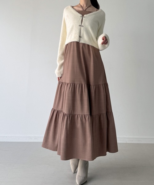 kuuko ワンピース+カーディガン 小さいサイズ】ドッキングニットシルエットワンピース(ワンピース