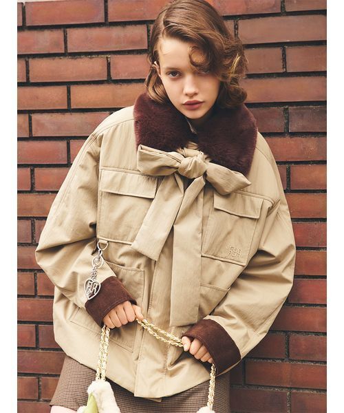 ど*ら様 【新品】FUR FUR パデットボウタイワークブルゾン CHECK フ ファーファー FURFUR パデットボウタイワークブルゾン （CHECK