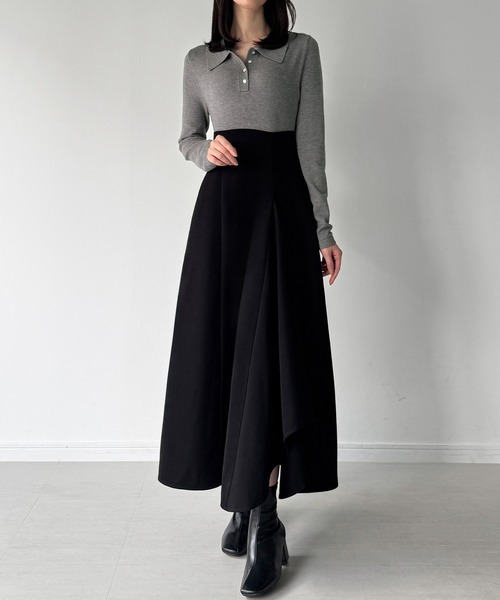 junoah(ジュノア)の「ポロニットドッキングラッフルフレアワンピース(薄手、裏地なし)(ワンピース・レディース・チャコール/グレイッシュベージュ/ブラック・SMALL/LARGE/MEDIUM)」の2枚目の写真