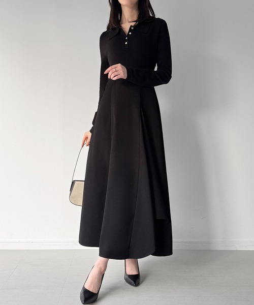 junoah(ジュノア)の「ポロニットドッキングラッフルフレアワンピース(薄手、裏地なし)(ワンピース・レディース・チャコール/グレイッシュベージュ/ブラック・SMALL/LARGE/MEDIUM)」の1枚目の写真