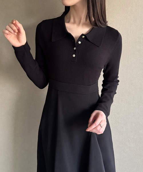 junoah(ジュノア)の「ポロニットドッキングラッフルフレアワンピース(薄手、裏地なし)(ワンピース・レディース・チャコール/グレイッシュベージュ/ブラック・SMALL/LARGE/MEDIUM)」の4枚目の写真