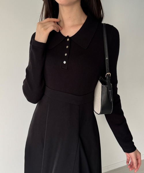 junoah(ジュノア)の「ポロニットドッキングラッフルフレアワンピース(薄手、裏地なし)(ワンピース・レディース・チャコール/グレイッシュベージュ/ブラック・SMALL/LARGE/MEDIUM)」の6枚目の写真