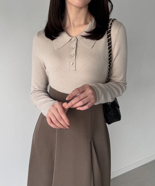 junoah(ジュノア)の「ポロニットドッキングラッフルフレアワンピース(薄手、裏地なし)(ワンピース・レディース・チャコール/グレイッシュベージュ/ブラック・SMALL/LARGE/MEDIUM)」の14枚目の写真