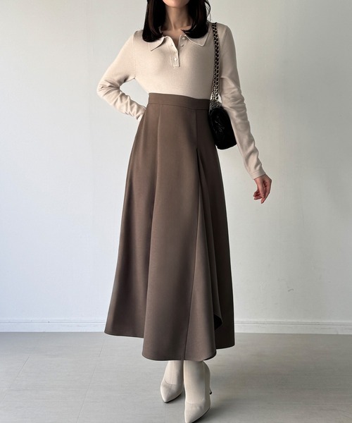 junoah(ジュノア)の「ポロニットドッキングラッフルフレアワンピース(薄手、裏地なし)(ワンピース・レディース・チャコール/グレイッシュベージュ/ブラック・SMALL/LARGE/MEDIUM)」の15枚目の写真
