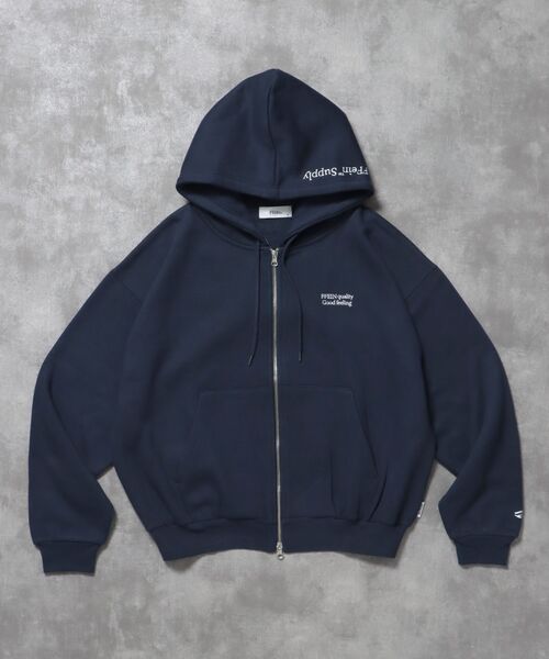 FFEIN】ヘビーウエイトフード刺繍ロゴ立体フードジップパーカー