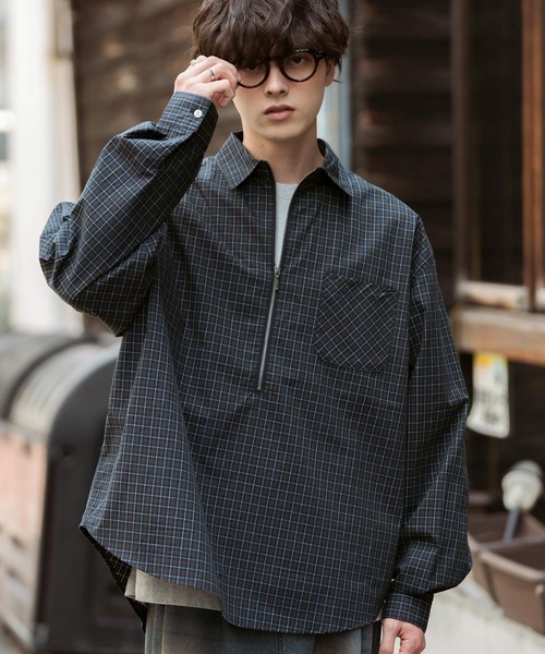 セール】ハーフジップオーバーサイズチェックシャツ/オンブレ