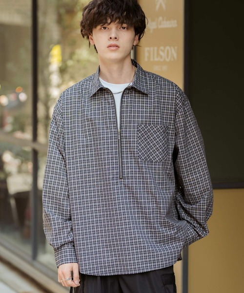 セール】ハーフジップオーバーサイズチェックシャツ/オンブレチェック