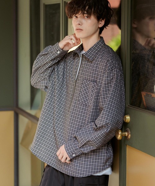 Rocky Monroe(ロッキーモンロー)の「ハーフジップオーバーサイズチェックシャツ/オンブレチェックネルシャツ(シャツ/ブラウス・メンズ・ベージュ/ブラック系/ネイビー/ネイビー系/ブラック・M/L)」の6枚目の写真