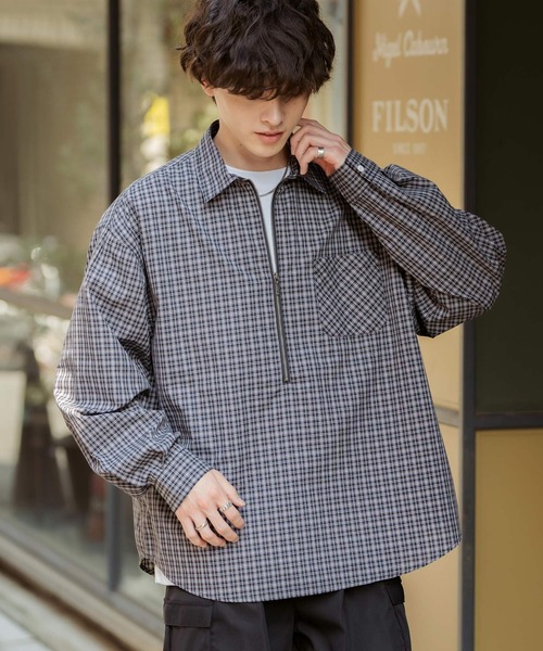 Rocky Monroe(ロッキーモンロー)の「ハーフジップオーバーサイズチェックシャツ/オンブレチェックネルシャツ(シャツ/ブラウス・メンズ・ベージュ/ブラック系/ネイビー/ネイビー系/ブラック・M/L)」の7枚目の写真