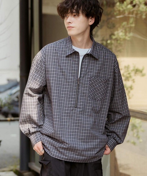 Rocky Monroe(ロッキーモンロー)の「ハーフジップオーバーサイズチェックシャツ/オンブレチェックネルシャツ(シャツ/ブラウス・メンズ・ベージュ/ブラック系/ネイビー/ネイビー系/ブラック・M/L)」の11枚目の写真