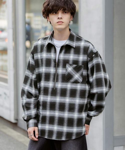 Rocky Monroe(ロッキーモンロー)の「ハーフジップオーバーサイズチェックシャツ/オンブレチェックネルシャツ(シャツ/ブラウス・メンズ・ベージュ/ブラック系/ネイビー/ネイビー系/ブラック・M/L)」の12枚目の写真