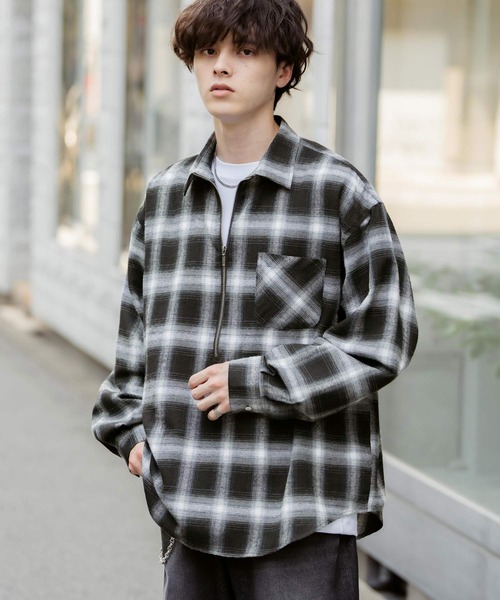 Rocky Monroe(ロッキーモンロー)の「ハーフジップオーバーサイズチェックシャツ/オンブレチェックネルシャツ(シャツ/ブラウス・メンズ・ベージュ/ブラック系/ネイビー/ネイビー系/ブラック・M/L)」の14枚目の写真