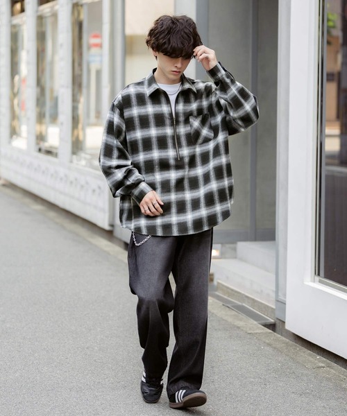 セール】ハーフジップオーバーサイズチェックシャツ/オンブレ