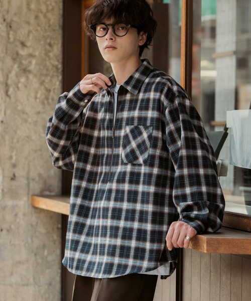 セール】ハーフジップオーバーサイズチェックシャツ/オンブレチェック