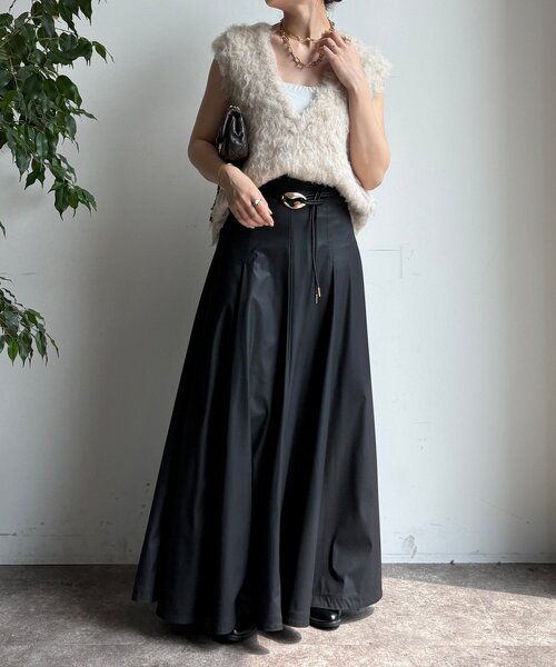 DOUDOU フレアスカート　ブラック DouDou（ドゥドゥ） スカート シャイニータックフレアスカート